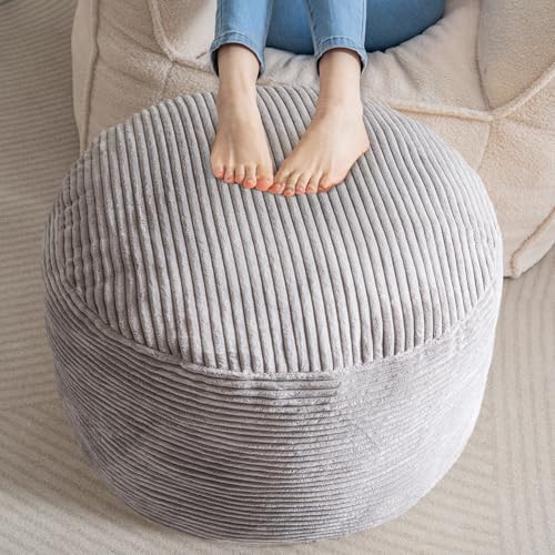 HIGOGOGO Corduroy Beanbags Runder Fußhocker Sitzsack Pouf mit Schaumstoff Chunk Füllung, 65x45cm Bodenpoufs Fußstütze für Wohnzimmer, Grau von HIGOGOGO