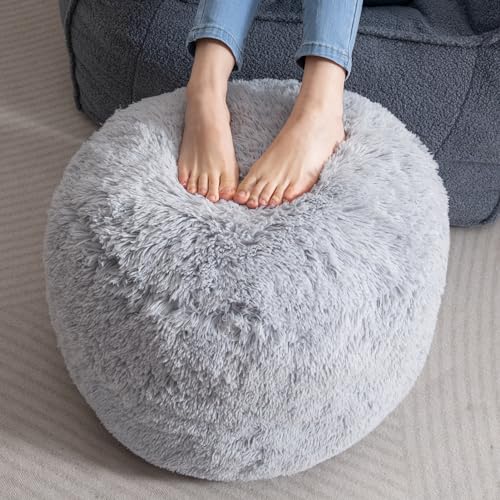 HIGOGOGO Sitzsack aus Kunstfell, rundes Sitzsackkissen, Schaumstofffüllung, 60 x 45 cm, Fußhocker fürs Wohnzimmer, Grau von HIGOGOGO