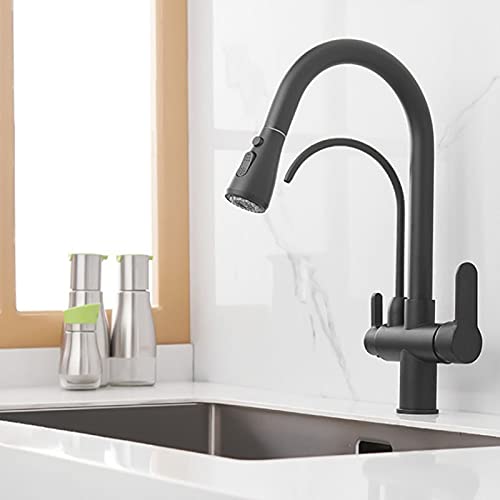 HIGOH Wasserhähne, Küchenspüle Tap Für Barfarmhaus, Filter Küchenarmaturen, Reines Wasser Rotatierbarer Dual -Ausguss -Küchenarmaturen, Doppelgriff Gefilterte Mixer -Hahn Für Küche/Schwarz von HIGOH