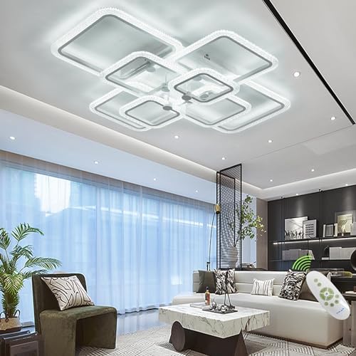 HIHIHOMY 41,3 Zoll Led Dimmbar, Kristall Led Deckenleuchte Mit Fernbedienung, Weiße 8 Quadratische Kristallrahmen für die Küche, Wohnzimmerlampe Deckenleuchte von HIHIHOMY