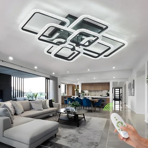 HIHIHOMY Modern LED Dimmbar mit Fernbedienung, Schwarz Wohnzimmerlampe Led Deckenleuchte Kristall,Deckenlampen Led Deckenleuchte Wohnzimmer 8 Quadratischer Rahmen von HIHIHOMY