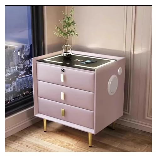 HIHUPTRW Luxuriöser intelligenter Nachttisch mit DREI Schubladen aus massivem Holz, kompaktes Schlafzimmer, Lederakzente, integriertes kabelloses Laden Für Anfänger und Heimwerker(Pink,50x40x60cm) von HIHUPTRW