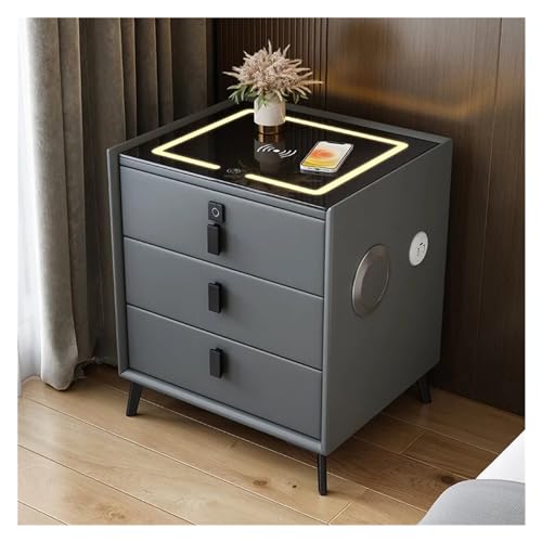 Luxuriöser intelligenter Nachttisch mit drei Schubladen aus massivem Holz, kompaktes Schlafzimmer, Lederakzente, integriertes kabelloses Laden Für Anfänger und Heimwerker(Dark gray,40x40x60cm) von HIHUPTRW