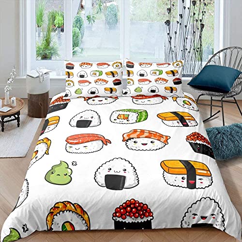 HIKAGO Sushi Bettwäsche 135x200 cm + Kissenbezug 80x80 cm, Weiche und Angenehme Mikrofaser 3 Teilig Bettzeug Set (Bettbezug + 2 Kissenbezüge) mit ReißVerschluss, Cartoon-Essen von HIKAGO