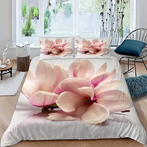 HIKAGO Magnolie Bettwäsche 135x200 cm + Kissenbezug 80x80 cm, Weiche und Angenehme Mikrofaser 3 Teilig Bettzeug Set (Bettbezug + 2 Kissenbezüge) mit ReißVerschluss, Romantische Blumen von HIKAGO