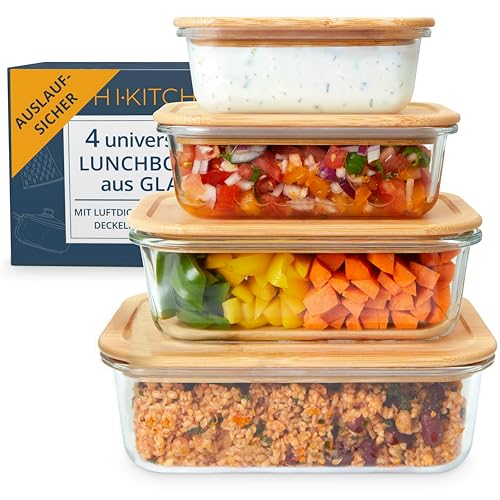 HIKITCHEN® 4er Set Auslaufsichere Glas Vorratsdosen mit Bambusdeckel - Hochwertige Meal Prep Boxen - Frischhaltedosen mit Bambus-Deckel - Glas-Vorratsbehälter von HIKITCHEN