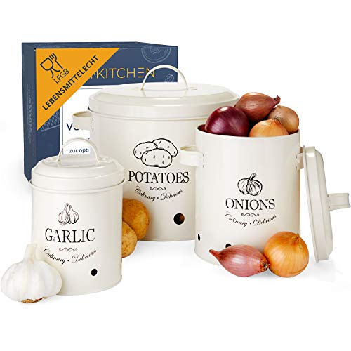 HIKITCHEN® Vorratsbehälter-Set für länger frisches Gemüse (creme weiß) - Stilvolle Kartoffel-, Knoblauch- und Zwiebel-box/topf - Gemüsebehälter von HIKITCHEN