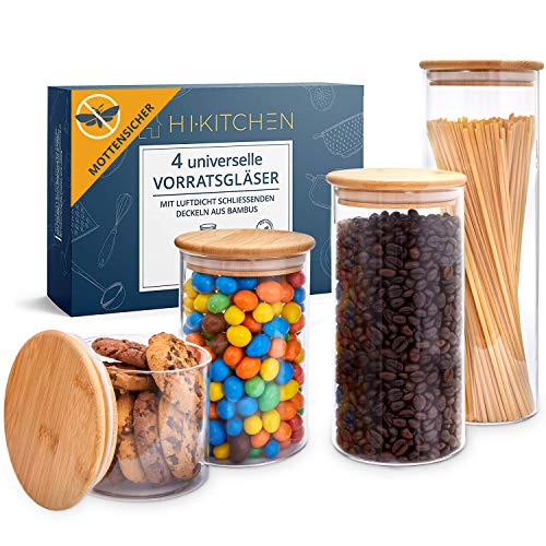 HIKITCHEN® 4er Set Vorratsgläser aus stabilem Borosilikatglas mit Bambusdeckel - 3mm dicke Glasbehälter zur sicheren Aufbewahrung von Lebensmitteln von HIKITCHEN