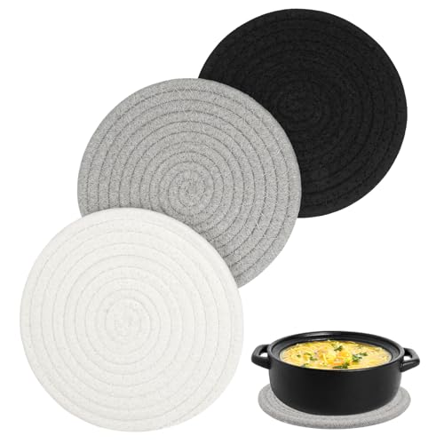 3 Stück Topf Untersetzer Set, Gewebte Untersetzer Hitzebeständige Runde Geflochtene Untersetzer Topf Kitchen Topfuntersetzer Baumwolle für Töpfe, Pfannen und Teller(3 Farben,18cm) von HIKPACKER