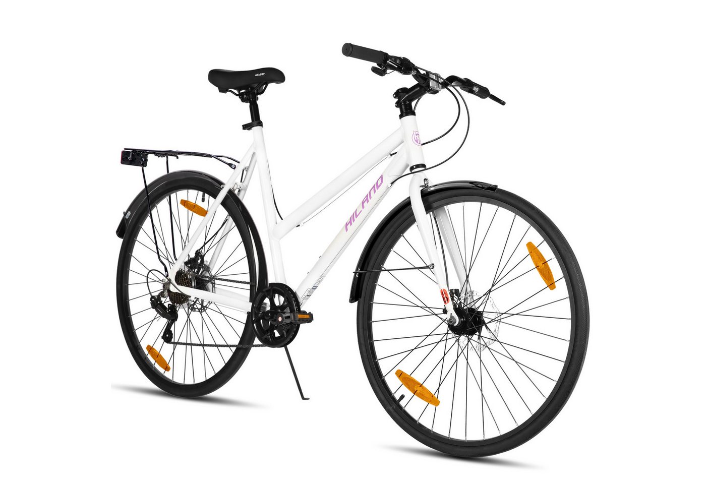 HILAND Cityrad 700C Herren Damen Student Aluminiumlegierung Pendler Stadtfahrrad, 7-Gang, mit Schutzblechen, Gepäckträger, Mechanische Scheibenbremse von HILAND