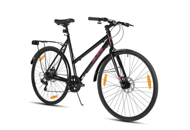 HILAND Cityrad 700C Herren Damen Student Aluminiumlegierung Pendler Stadtfahrrad, 7-Gang, mit Schutzblechen, Gepäckträger, Mechanische Scheibenbremse von HILAND