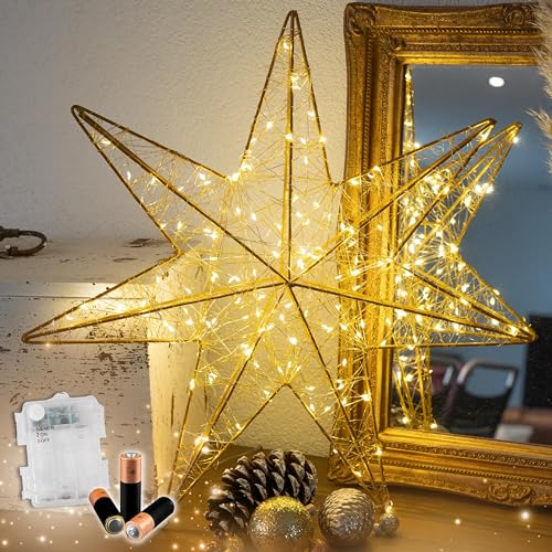HiLight LED Weihnachtsstern 50 cm Gold - mit 150 warmweissen LEDs - batteriebetrieben + Timer - zum Aufhängen - für Innen und Aussenbereich - LED Stern Weihnachtsdekoration beleuchtet von HILIGHT