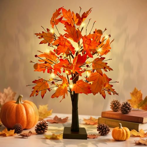 Ahornblatt Baum Licht mit 24 LEDs, Eukalyptus Blätter Baum Lichter Herbst Deko, Lichterbaum mit Timer 61cm, Herbstblätter Lichterbaum, Herbstdeko Blätter Lichterketten Warmweiß für Halloween Kürbis von HILKKET