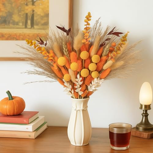 127 Stück Getrocknete Pampasgras Herbst, Herbstblumen Trockenblumen Deko, Natürliche Trockenblumenstrauß Herbststrauß, Deko Blumenstrauß für Herbst Hochzeitsdeko Boho-Blumen von HILKKET