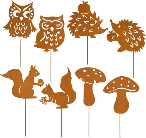 HILKKET 8er-Set Gartenstecker mit Waldtieren für Herbst & Draußen, 25cm Rost Gartenstecker für Herbstdeko mit Igel Eule Pilze Eichhörnchen, Verwunschene Rost-Geschichten für Innen Blumentopf Terrasse von HILKKET