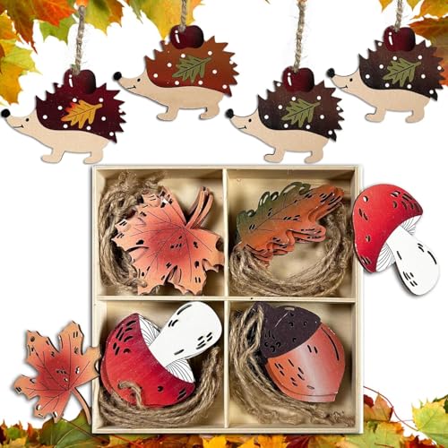 HILKKET Herbst Dekoration, 28er Set Holz Deko Hänger, 7cm Autumn Decor, Ahornblatt Kiefernzapfen Pilz Blätter Igel, Fenster Deko Hängen für Erntedankfest, Herbstdeko Draußen Innen von HILKKET