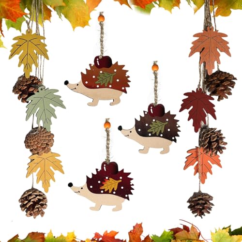 HILKKET Herbst Dekoration, Holz Deko Hänger, 7cm Autumn Decor, Ahornblatt Kiefernzapfen Pilz Blätter Igel, Fenster Deko Hängen für Erntedankfest, Herbstdeko Draußen Innen von HILKKET