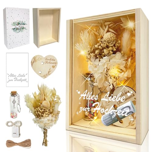 HILKKET Hölzerne Hochzeit Geschenk für Brautpaar, Geldgeschenk Hochzeit mit Ewige Blumen, Holzbox, Kunststoff Reagenzglas, Lichterketten, Wunschflasche, Garn, Hochzeitsgeschenke von HILKKET