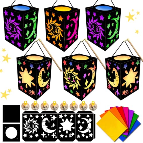 HILKKET Laternen Bastelset 6 Stück, Sankt Martin Laterne Basteln, Laterne Selbst Basteln mit LED, St. Martin Laternenumzug Sonne Mond Sterne mit 28 Blatt Bunt Transparentpapier für Jungen Mädchen von HILKKET