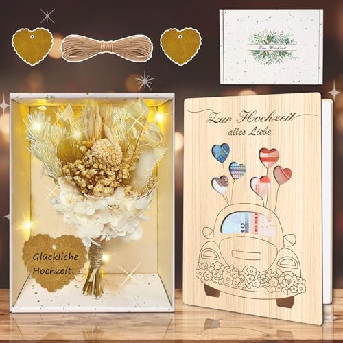 Hochzeitsgeschenke für Brautpaar, 8 Pcs Geldgeschenk Hochzeit Geld, Hochzeit Geldgeschenk Verpackung mit Geldgeschenk aus Holz, Reagenzglas, Trockenblumen, Licht, Hochzeitskarte und zur Hochzeitstag von HILKKET