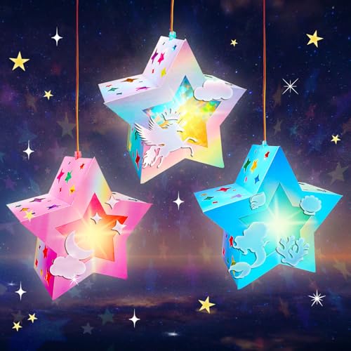 Laternen Bastelset, 3Pcs St Martin Laterne Basteln, Laterne Kinder mit Laternenstab, Sankt Martin Laternenumzug Sterne mit 14 Blatt Bunt Transparentpapier für Junge Mädchen von HILKKET