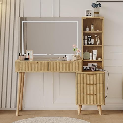HIMAugbo Moderner Schminktisch mit 90 cm großem Spiegel und 3 Farblichtern, 122 cm großer, geriffelter Schminktisch mit 5 Schubladen und Ablagen, transparentes Glas-Eiche Natur von HIMAugbo