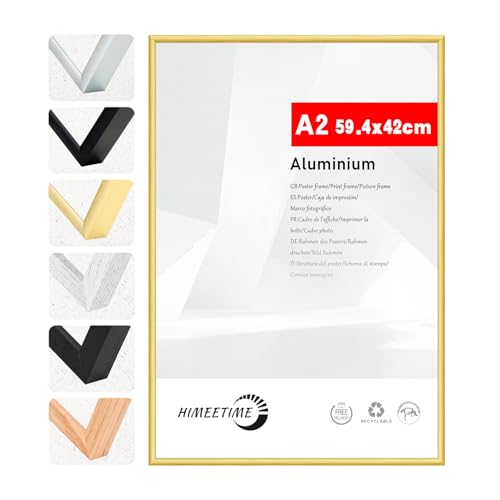 HIMEETIME® 1x Bilderrahmen DIN A2 42x59,4 cm Gold Metall Rahmen, Dokumentenrahmen 42x59,4 cm Groß Collage,Metallrahmen Alu-Bilderrahmen Aluminium,Picture Frame 42x60 Fotorahmen von HIMEETIME