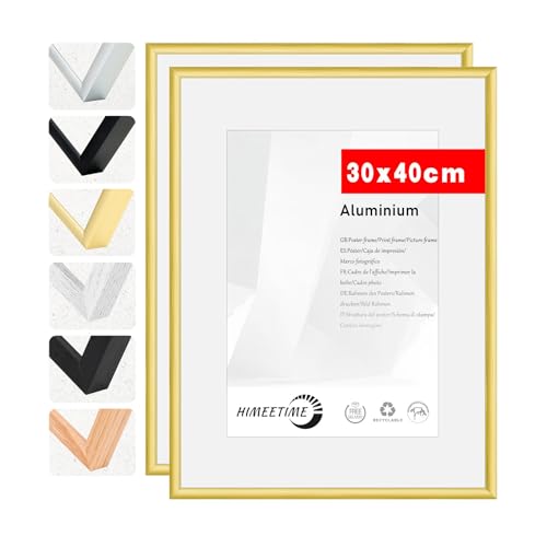 HIMEETIME® 2x Bilderrahmen, 30x40 cm (2er Set), Aluminium Gold Matt, bruchsicheres Acrylglas, für Fotos und Bilder, Hoch- und Querformat, stabile Rückwand von HIMEETIME