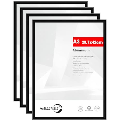 HIMEETIME 4x Bilderrahmen DIN A3 30x42 cm Schwarz Metall Rahmen 4-Pack | Dokumentenrahmen 29,7x42 cm Groß Collage | Metallrahmen Alu-Bilderrahmen Aluminium | Picture Frame A3 Fotorahmen von HIMEETIME