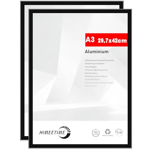 HIMEETIME 2x Bilderrahmen DIN A3 30x42 cm Schwarz Metall Rahmen 2-Pack | Dokumentenrahmen 29,7x42 cm Groß Collage | Metallrahmen Alu-Bilderrahmen Aluminium | Picture Frame A3 Fotorahmen von HIMEETIME