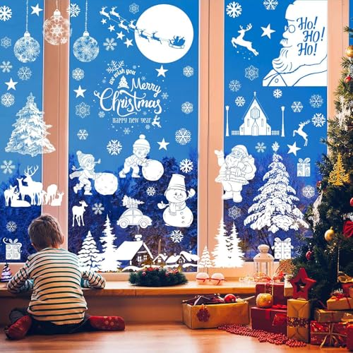 HIMKI Fensteraufkleber Weihnachten Deko 9 Blatt Fenstersticker Weihnachten Schneeflocken Fensterbilder Weiß Weihnachtsdeko Weihnachtsmann Aufkleber Selbstklebend (A) von HIMKI