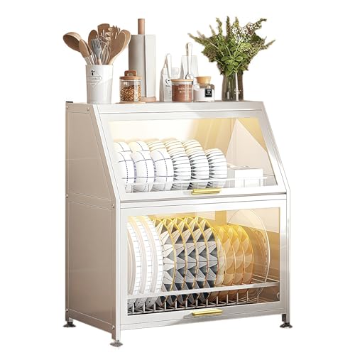 HIMKI Küche Abtropfhalter Geschirrschrank Küchenregal Doppelschichtiger Staubdichte Geschirr Küchenschrank mit Abtropfschale für Küche Organizer - 56 * 40 * 30 cm (Weiß) von HIMKI