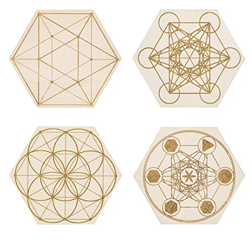 HINAA Sacred Geometry Untersetzer Set mit 4 sechseckigen Holzuntersetzern für Getränke, Tischdekorationen für Wohnung, Küche, Zimmer, Bar, Einweihungsfeier für Männer und Frauen von HINAA