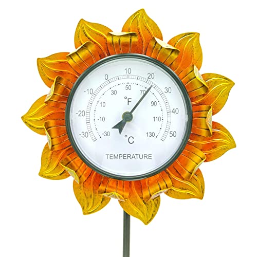 HINAA Sonnenblume Outdoor Thermometer für Terrasse | Metall Pfahl Garten Ornamente Outdoor Thermometer für Garten Hof Dekoration, 40,2 Zoll dekoratives Thermometer für außen von HINAA