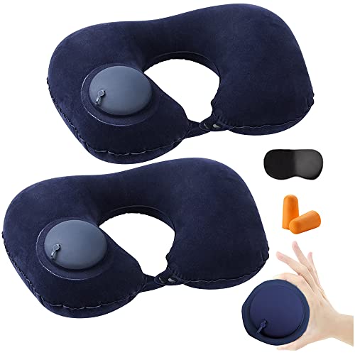 HINATAA Aufblasbares Reisekissen, 2PCS Nackenkissen Aufblasbar, Nackenhörnchen Flugzeug, Auto U Form Kissen, Büro Nackenstützkissen mit Drückender Inflationspumpe/Tasche/Augenmaske/Ohrstöpsel (Blau) von HINATAA