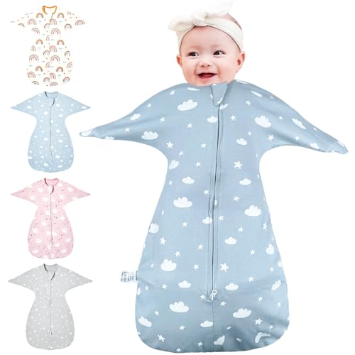 HINATAA Wickeldecke für Babys 0-3/3-6 Monate, Schlafsäcke Neugeborene, Bio-Baumwolle Baby Pucktücher Ganzjahres, Verstellbarer Baby Pucksack Swaddle für Jungen Mädchen (Blau, 0-3 Monate) von HINATAA