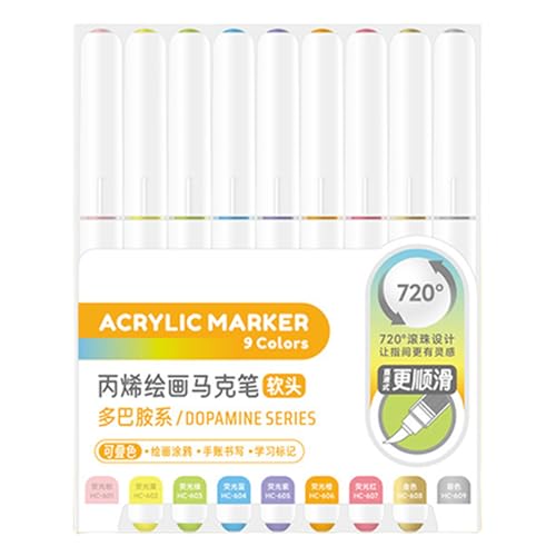 HINAYOSAN 9 flüssige Acryl-Marker, 9 Farben, Pinsel-Marker zum Malen auf Papier, Holz, Glas, Stoff, Metall, Steinmarker von HINAYOSAN