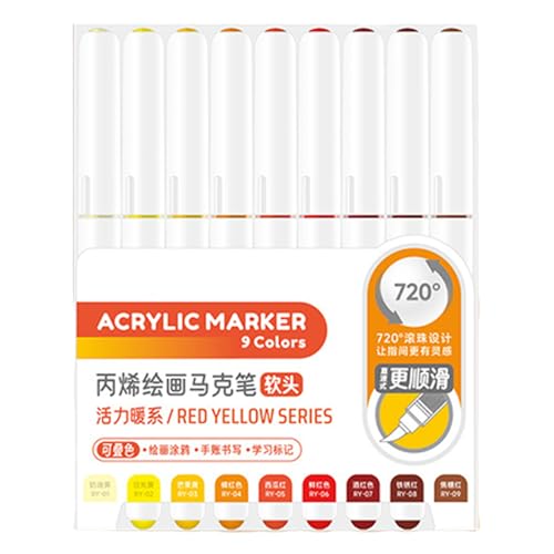 HINAYOSAN 9 flüssige Acryl-Marker, 9 Farben, Pinsel-Marker zum Malen auf Papier, Holz, Glas, Stoff, Metall, Steinmarker von HINAYOSAN