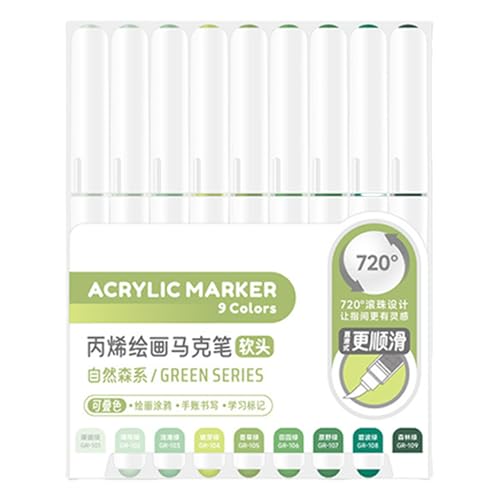 HINAYOSAN 9 flüssige Acryl-Marker, 9 Farben, Pinsel-Marker zum Malen auf Papier, Holz, Glas, Stoff, Metall, Steinmarker von HINAYOSAN