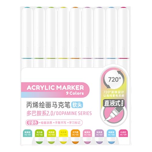 HINAYOSAN 9 flüssige Acryl-Marker, 9 Farben, Pinsel-Marker zum Malen auf Papier, Holz, Glas, Stoff, Metall, Steinmarker von HINAYOSAN