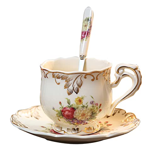 Teetasse und Untertassen Set Porzellan Kaffeetasse Retro Blume Rose Keramik Tasse Set mit Untertassen und Löffel Getränk von HINAYOSAN