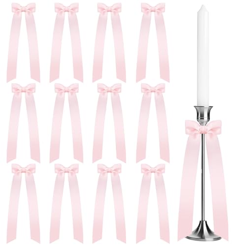 12 rosa Kerzenhalter mit dekorativen Schleifen. Kerzendekoration mit Schleife, Kerzenhalter mit Schleife, Tischdekoration mit Schleife, Geschenkdekor aus Bändern. Rosa Kerzenständer, geeignet für von HINGTAI