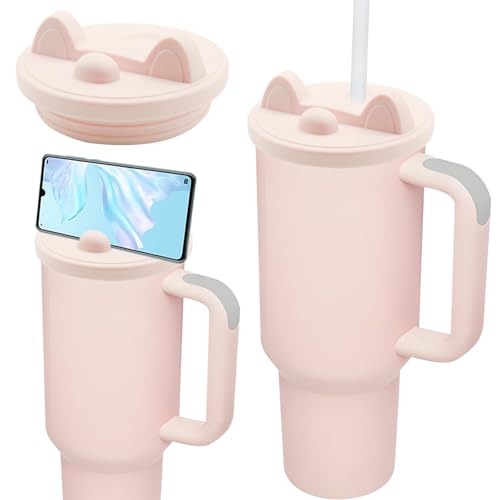Ersatzbecherdeckel 40 oz für Stanley, Ersatzbecherdeckel 40 oz mit Handyhalterung, 2-in-1-Ersatzbecherdeckel aus Silikon für Stanley 40 oz, Becherzubehör (Pink) Splash Resistant Tumbler Lids von HINGTAI