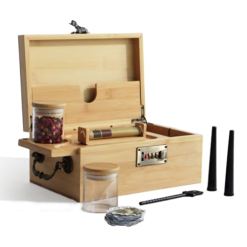 HINITOYOU Große Bambusbox mit Zahlenschloss Box Abschließbare Set mit Zahlenschloss Rolltablett Rolling Tray Set Aufbewahrungskiste mit Glasbehälter für Zuhause, Wiederverschließbaren Beuteln von HINITOYOU