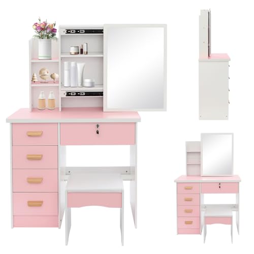 Schminktisch mit Spiegel, Schmink Tisch mit 5 Schubladen, 80 × 35 × 128 cm Schminktische mit Hocker, Kosmetiktisch für Häuser, Wohnungen, Wohnheime | Abschließbare | Modern | bis zu 100 kg (Rosa) von HINOPY