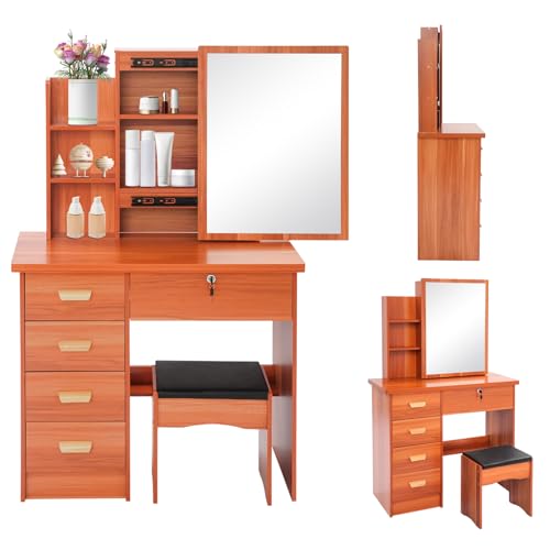 Schminktisch mit Spiegel, Schmink Tisch mit 5 Schubladen, 80 × 35 × 128 cm Schminktische mit Hocker, Kosmetiktisch für Häuser, Wohnungen, Wohnheime | Abschließbare | Modern | bis zu 100 kg (Rotbraun) von HINOPY