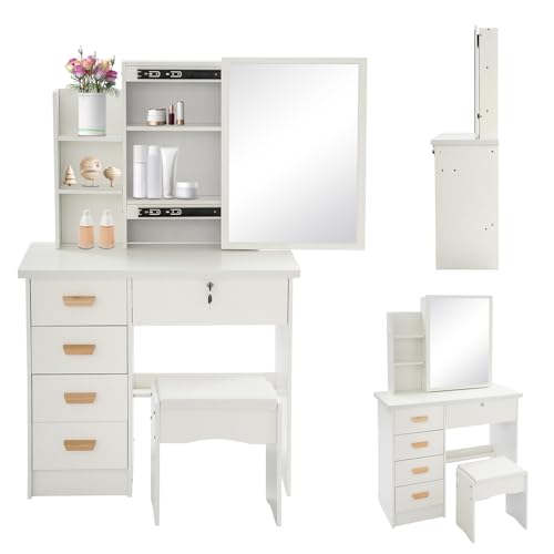 Schminktisch mit Spiegel, Schmink Tisch mit 5 Schubladen, 80 × 35 × 128 cm Schminktische mit Hocker, Kosmetiktisch für Häuser, Wohnungen, Wohnheime | Abschließbare | Modern | bis zu 100 kg (Weiß) von HINOPY
