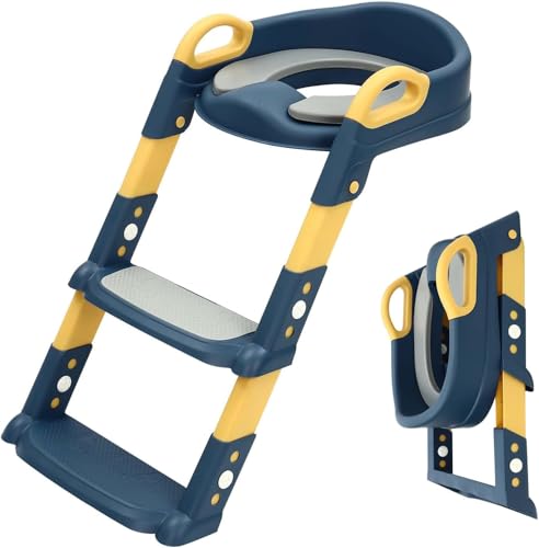 Toilettenleiter für Kinder, 2 in 1 Toilettentrainer mit Treppe, 34×34×44cm WC Sitz mit Treppe, Verstellbar Toilettenaufsatz Kinder mit PU-Sitzkissen für Jung und Mädchen von 2-7 Jahre Alt (Blau) von HINOPY