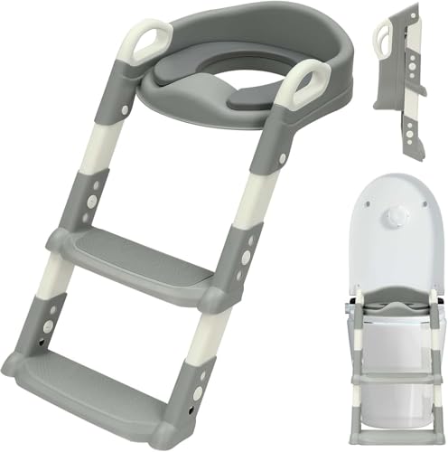 Toilettenleiter für Kinder, 2 in 1 Toilettentrainer mit Treppe, 34×34×44cm WC Sitz mit Treppe, Verstellbar Toilettenaufsatz Kinder mit PU-Sitzkissen für Jung und Mädchen von 2-7 Jahre Alt (Grey) von HINOPY