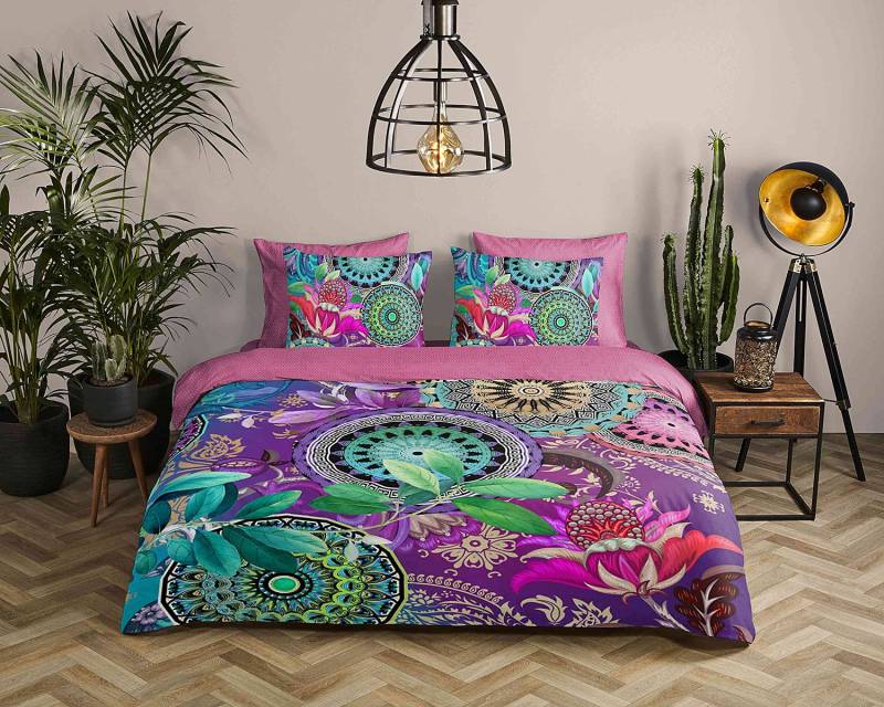 home24 Renforce Bettwäsche Axelle 240 x 200/220 cm + 2 Kissen 70 x 40 cm Multicolor/Violett von home24